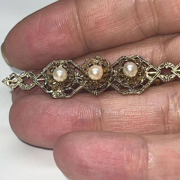 Art Deco Czech Brooch, Faux Pearl Brooch, filigree and diamante brooch c1920-30 - Picture 3 of 5